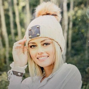 Cream Beanie with Louie Vuitton logo